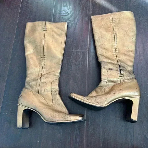 Y2K vintage leather gold and black washed heeled booties 38 - Picture 2 of 8